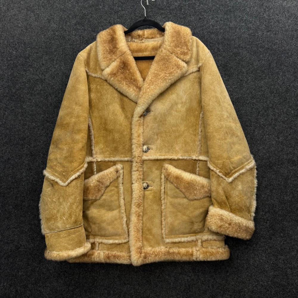Vintage 60s Mens Shearling Sheepskin Coat Tan Western Rancher Jacket 42 MINT